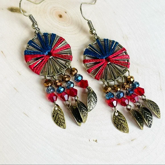 FERRIS WHEEL Southwestern pinwheel DANGLE earring gold feather leaf dangling - Picture 12 of 12